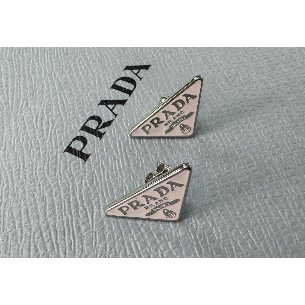 Prada Signature White Enamel Triangle Symbole Logo Silver Tone Stud Earrings